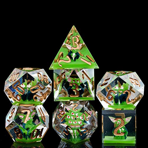 Cusdie DND-Würfel mit scharfen Kanten, 7 Stück, D&D-Würfel, handgefertigt, polyedrisches Würfel-Set, für Rollenspiele (grüner Sprite) von cusdie
