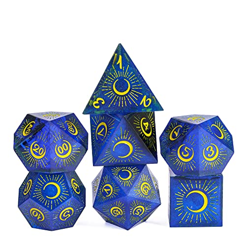 cusdie DND-Würfel mit scharfen Kanten, 7 Stück, D&D-Würfel, handgefertigt, polyedrisches Würfel-Set, für Rollenspiele, MTG Pathfinder (Mond/Blau-Schwarz), 16 mm von cusdie