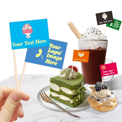 Kundenspezifische Zahnstocher Flaggen mit Logo/Foto 100Pcs, personalisierte Käsemarkierungen für Hamburger Cupcakes Toppers Party Dekoration Lebensmittel Etikettierung (STYL 2) von custyoulife