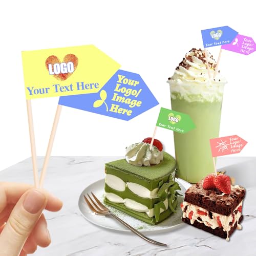 Kundenspezifische Zahnstocher Flaggen mit Logo/Foto 100Pcs, personalisierte Käsemarkierungen für Hamburger Cupcakes Toppers Party Dekoration Lebensmittel Etikettierung (STYL 4) von custyoulife