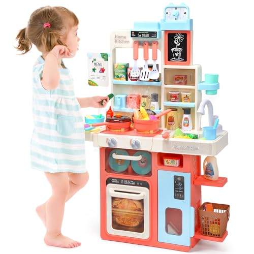 CUTE STONE Küchenspielset für Kinder, Spielküche mit Geräuschen und Lichtern, Kochherd, Dampf, Spielspüle und Spiellebensmittel, Kleiner Esstisch Großes Küchenset， Kitchen & Food Toys for Kids,Rosa von cute stone
