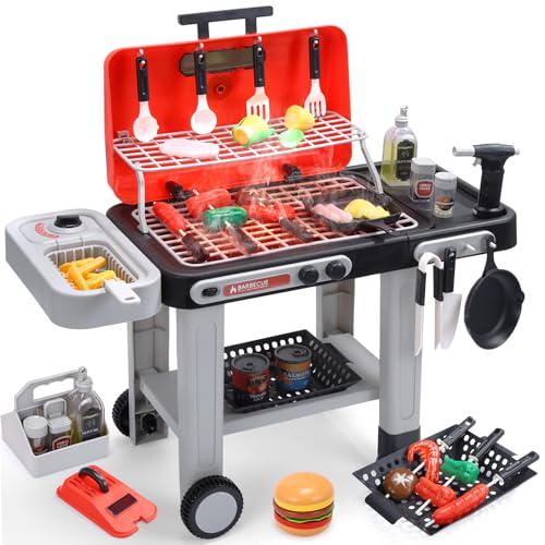 CUTE STONE BBQ Grillspielzeug für Kinder mit farbwechselndem Spielessen, brutzelnden Geräuschen & Lichteffekten, kühlem Sprühnebel Rollbarer Grill mit 2 Ebenen und Pfanne Küchenspielzeug Geschenkidee von cute stone