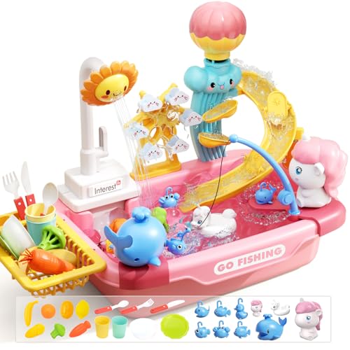 CUTE STONE Spielspüle mit fließendem Wasser, Spüle mit elektrischem Wasserhahn, Angelspiel, Küchenzubehör, Wasserspielfläche, Spülmaschine und Wassertisch für kleine Mädchen von cute stone