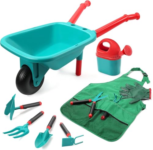 CUTE STONE Schubkarre für Kinder, Gartenwerkzeug-Set für Kinder, Gartenspielzeug mit Schubkarre, Handschuhen, Handrechen, Schaufel, Doppelhacke, Spielzeug für drinnen und draußen, Geschenk für Jungen von cute stone