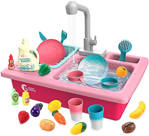 cute stone Küchenspüle Spielzeug Set mit warmbarem Wasser-Recycling Wasserhahn und Waschbecken, Wärme Farbwechsel Geschirr Set, mit Obst-Schneiden für Kinder ab 3 Jahre (Rosa) von cute stone