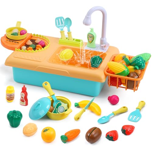 cute stone Küchenspüle Spielzeug Set mit fließendem Wasser,Spülbeckenspielzeug mit verbessertem elektrischen Wasserhahn, Spielküchenzubehör, Kochherd, Gemüsegartenspielzeug, Geschenk für Kinder ab 3 von cute stone