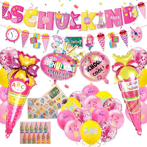 CUTLOT SCHULKIND Deko Einschulung der Grundschule Mädchen, SCHULKIND Banner, Dinosaurier Banner, 22 Latexballons, 4 Folienballon, 3 Aufkleber Schulanfang Schuleinführung Deko von cutlot