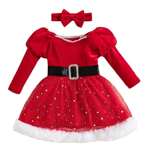 dPois Baby Kleinkind Mädchen Weihnachtsoutfit Samt Kleid Prinzessin Weihnachtskleid mit Haarschmuck Weihnachtsmann Cosplay Outfit F Rot 116-122 von dPois