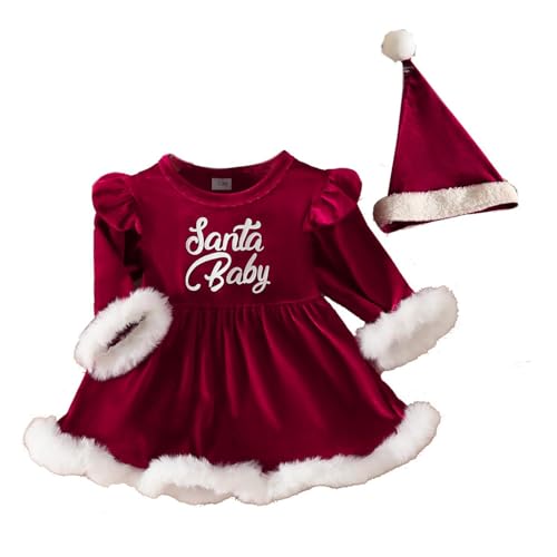 dPois Baby Kleinkind Mädchen Weihnachtsoutfit Samt Kleid Prinzessin Weihnachtskleid mit Haarschmuck Weihnachtsmann Cosplay Outfit G Rot 80-86 von dPois