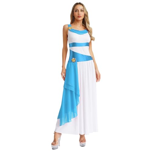 dPois Damen Antike Griechische Göttin Königin Kostüm Lange Toga Kleider Ärmellos Maxikleid Verkleidung Karneval Mottoparty Kostüm Weiß&Blau S von dPois