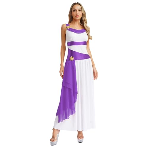 dPois Damen Antike Griechische Göttin Königin Kostüm Lange Toga Kleider Ärmellos Maxikleid Verkleidung Karneval Mottoparty Kostüm Weiß&Lila XXL von dPois