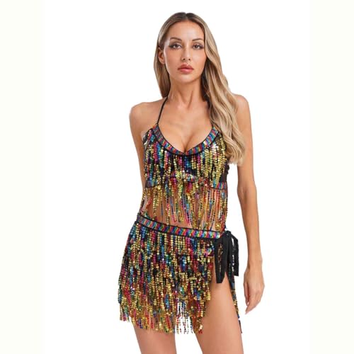 dPois Damen Bauchtanz Kostüm Set Quasten Tanz Top Neckholder Oberteil mit Hüfttuch Belly Dance Outfit Indische Tanzkleidung Schwarz&Gold Einheitsgröße dPois Damen Bauchtanz Kostüm Set Quasten Tanz Top Neckholder Oberteil mit Hüfttuch Belly Dance Outfit Indische Tanzkleidung Schwarz&Gold Einheitsgröße von dPois