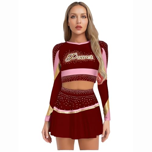 dPois Damen Cheer Leader Kostüm Cheerleading Outfit Glitzer Langarm Crop Top Bauchfrei mit Minirock Skater Rock Halloween Fasching Burgundy XXL dPois Damen Cheer Leader Kostüm Cheerleading Outfit Glitzer Langarm Crop Top Bauchfrei mit Minirock Skater Rock Halloween Fasching Burgundy XXL von dPois
