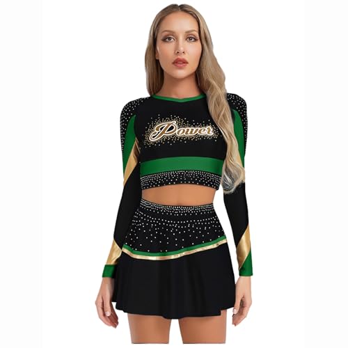 dPois Damen Cheer Leader Kostüm Cheerleading Outfit Glitzer Langarm Crop Top Bauchfrei mit Minirock Skater Rock Halloween Fasching Grün XXL dPois Damen Cheer Leader Kostüm Cheerleading Outfit Glitzer Langarm Crop Top Bauchfrei mit Minirock Skater Rock Halloween Fasching Grün XXL von dPois