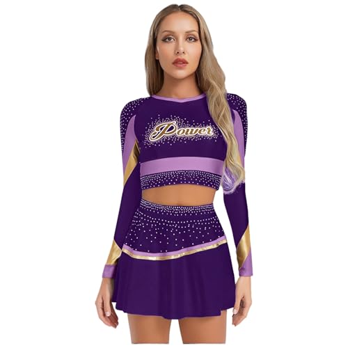 dPois Damen Cheer Leader Kostüm Cheerleading Outfit Glitzer Langarm Crop Top Bauchfrei mit Minirock Skater Rock Halloween Fasching Violett XXL dPois Damen Cheer Leader Kostüm Cheerleading Outfit Glitzer Langarm Crop Top Bauchfrei mit Minirock Skater Rock Halloween Fasching Violett XXL von dPois