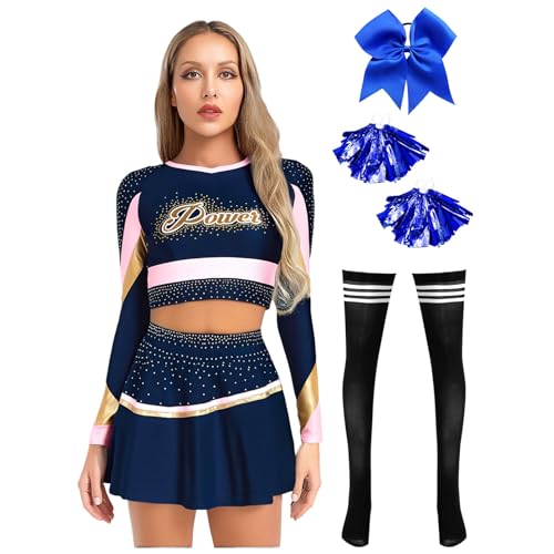 dPois Damen Cheer Leder Kostüm Uniform Cosplay Outfit Set Crop Top Langarmshirt Minirock mit Pompoms Strümpfe Haarschmuck Rosa XXL von dPois