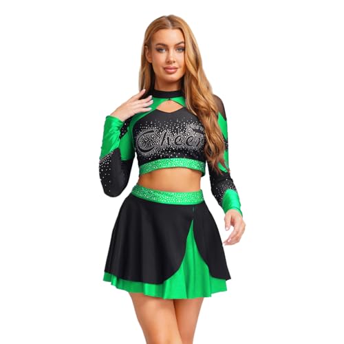 dPois Damen Cheerleading Outfit Glitzernde Zweteiler Tanzkostüm Crop Top Bauchfrei Minirock Eng Halloween Fasching Uniform Kostüm Grün XXL von dPois