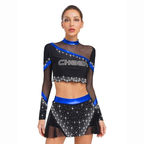 dPois Damen Cheerleading Outfit Langarm Crop Top Minirock Hosenrock mit Mesh Patchwork Tanzkostüm Mottoparty Fasching Königsblau XL dPois Damen Cheerleading Outfit Langarm Crop Top Minirock Hosenrock mit Mesh Patchwork Tanzkostüm Mottoparty Fasching Königsblau XL von dPois