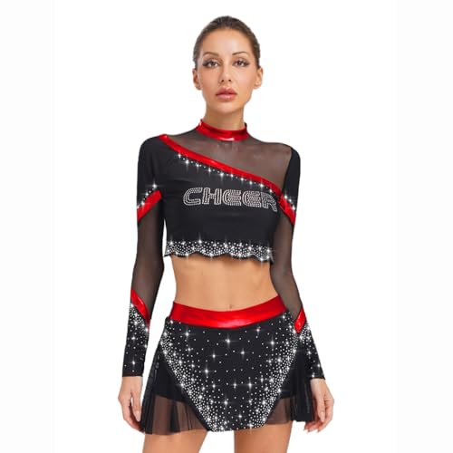dPois Damen Cheerleading Outfit Langarm Crop Top Minirock Hosenrock mit Mesh Patchwork Tanzkostüm Mottoparty Fasching Rot L dPois Damen Cheerleading Outfit Langarm Crop Top Minirock Hosenrock mit Mesh Patchwork Tanzkostüm Mottoparty Fasching Rot L von dPois