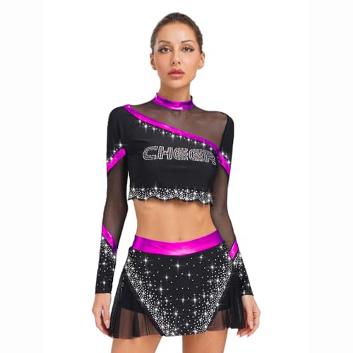 dPois Damen Cheerleading Outfit Langarm Crop Top Minirock Hosenrock mit Mesh Patchwork Tanzkostüm Mottoparty Fasching Violett M dPois Damen Cheerleading Outfit Langarm Crop Top Minirock Hosenrock mit Mesh Patchwork Tanzkostüm Mottoparty Fasching Violett M von dPois