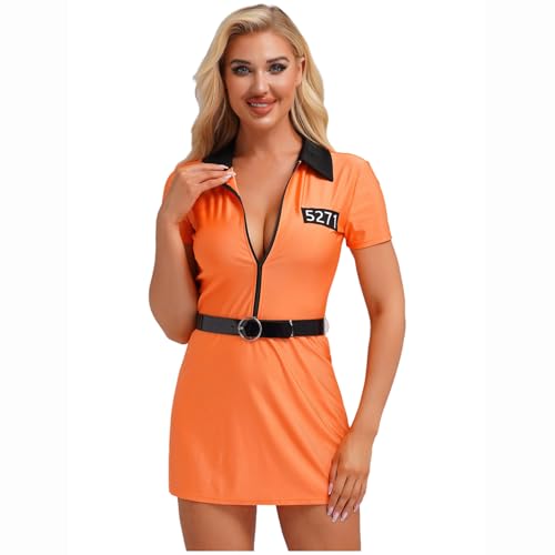 dPois Damen Gefangene Kostüm Orange Minikleid Kurz Sträfling Häftling Uniform Cosplay Outfit Mottoparty Halloween Kostüm Orange L von dPois