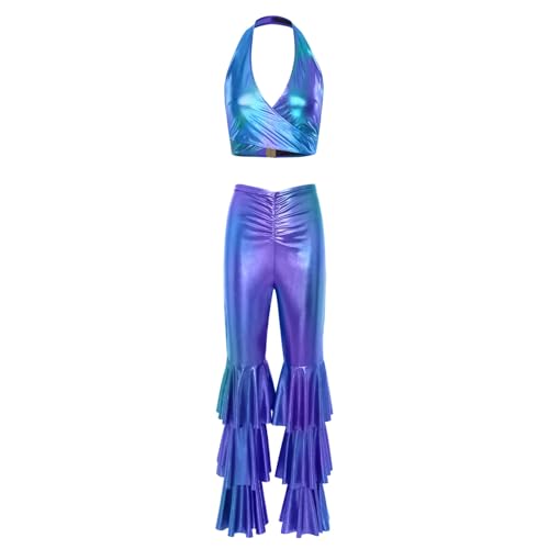 dPois Damen Glänzend 70er Disco Outfit Metallic Crop Top mit Flared Hose Schlaghose Rave Mottoparty Silvester Hippe Kostüm Farbverlauf Blau XXL dPois Damen Glänzend 70er Disco Outfit Metallic Crop Top mit Flared Hose Schlaghose Rave Mottoparty Silvester Hippe Kostüm Farbverlauf Blau XXL von dPois