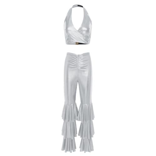 dPois Damen Glänzend 70er Disco Outfit Metallic Crop Top mit Flared Hose Schlaghose Rave Mottoparty Silvester Hippe Kostüm Silber S dPois Damen Glänzend 70er Disco Outfit Metallic Crop Top mit Flared Hose Schlaghose Rave Mottoparty Silvester Hippe Kostüm Silber S von dPois