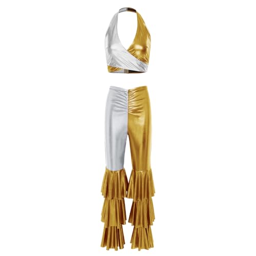 dPois Damen Glänzend 70er Disco Outfit Metallic Crop Top mit Flared Hose Schlaghose Rave Mottoparty Silvester Hippe Kostüm Silber&Gold S dPois Damen Glänzend 70er Disco Outfit Metallic Crop Top mit Flared Hose Schlaghose Rave Mottoparty Silvester Hippe Kostüm Silber&Gold S von dPois