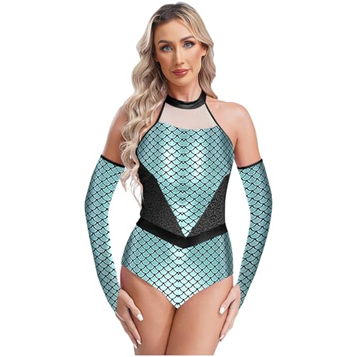 dPois Damen Glänzend Meerjungfrau Kostüm Bodysuit Einteiler Body Overall mit Handschuhe Halloween Fasching Karneval Rollenspiel Kostüm Mintgrün L von dPois