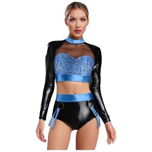 dPois Damen Glänzend Party Disco Zweiteiler Kostüm Langarm Crop Top Bauchfrei Höschen Shorts Mottoparty Karneval Kostüm Blau L dPois Damen Glänzend Party Disco Zweiteiler Kostüm Langarm Crop Top Bauchfrei Höschen Shorts Mottoparty Karneval Kostüm Blau L von dPois