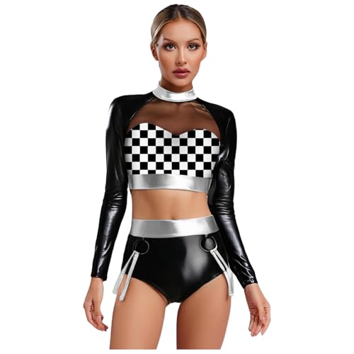 dPois Damen Glänzend Party Disco Zweiteiler Kostüm Langarm Crop Top Bauchfrei Höschen Shorts Mottoparty Karneval Kostüm Silber M dPois Damen Glänzend Party Disco Zweiteiler Kostüm Langarm Crop Top Bauchfrei Höschen Shorts Mottoparty Karneval Kostüm Silber M von dPois