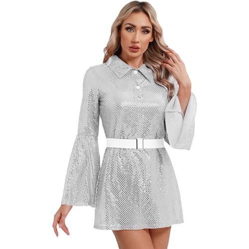 dPois Damen Glitzer Kleid Kurz Langarm Partykleid mit Gürtel Vintage Tanzkleid 70er 80er Disco Outfit Mottoparty Kostüm Silber XXL dPois Damen Glitzer Kleid Kurz Langarm Partykleid mit Gürtel Vintage Tanzkleid 70er 80er Disco Outfit Mottoparty Kostüm Silber XXL von dPois