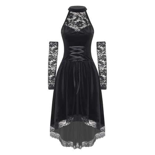 dPois Damen Gothic Kleidung Mittelalter Samt Kleid Ärmellos Vokuhila Kleider Partykleid mit Spitzen Armstulpen Mottoparty Fasching Kostüm Schwarz 3XL von dPois