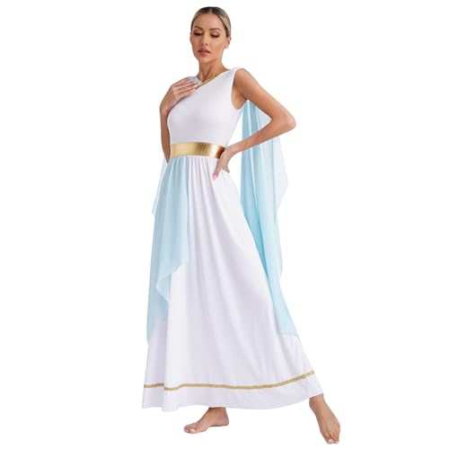 dPois Damen Griechische Göttin Kostüm Karneval Cleopatra Kostüm Toga Kleid Maxi Lang Fasching Mottoparty Outfit Hellblau S von dPois