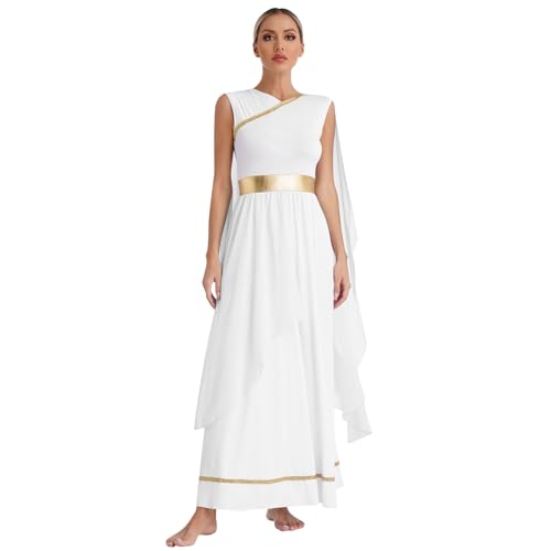 dPois Damen Griechische Göttin Kostüm Karneval Cleopatra Kostüm Toga Kleid Maxi Lang Fasching Mottoparty Outfit Weiß XL von dPois