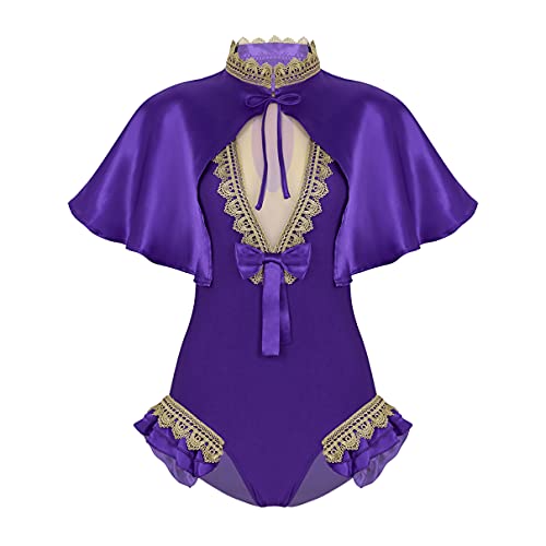 dPois Damen Halloween Kostüm Zirkus Trapez Kostüm Tanzanzug Leotard Einteiler Bodysuit mit Cape Umhang Tanzkostüm Cosplay Outfits Violett S von dPois
