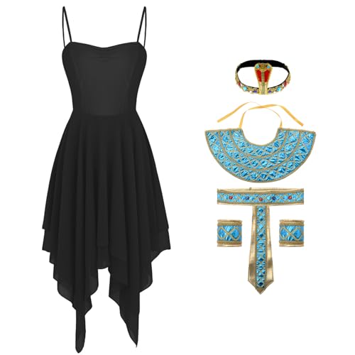 dPois Damen Kleopatra Kostüm Ägyptische Königin Outfit Ärmellos Kleid mit Zubehör Sexy Halloween Fasching Kostüm AD Schwarz M von dPois