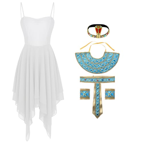 dPois Damen Kleopatra Kostüm Ägyptische Königin Outfit Ärmellos Kleid mit Zubehör Sexy Halloween Fasching Kostüm AD Weiß M von dPois