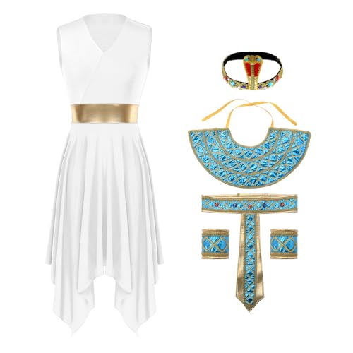 dPois Damen Kleopatra Kostüm Ägyptische Königin Outfit Ärmellos Kleid mit Zubehör Sexy Halloween Fasching Kostüm BD Weiß L von dPois