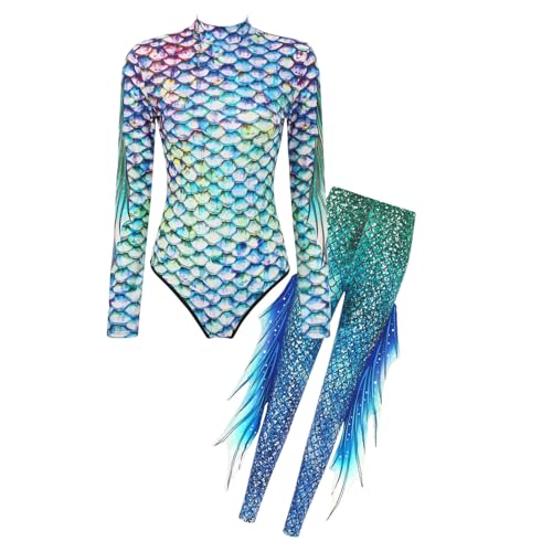 dPois Damen Meerjunfrau Kostüm Langarm Bodysuit mit Leggings 3D Fischschuppen Muster Erwachsene Karneval Fasching Outfit Bunt L von dPois
