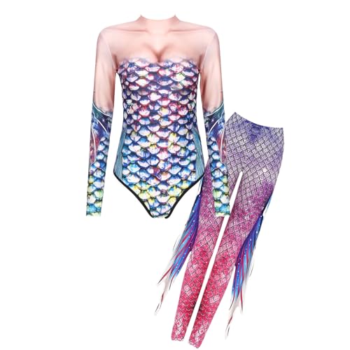 dPois Damen Meerjunfrau Kostüm Langarm Bodysuit mit Leggings 3D Fischschuppen Muster Erwachsene Karneval Fasching Outfit Bunt&Rosa XL von dPois