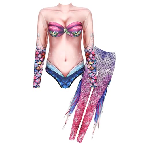 dPois Damen Meerjunfrau Kostüm Langarm Bodysuit mit Leggings 3D Fischschuppen Muster Erwachsene Karneval Fasching Outfit Nude&Hot Pink M von dPois