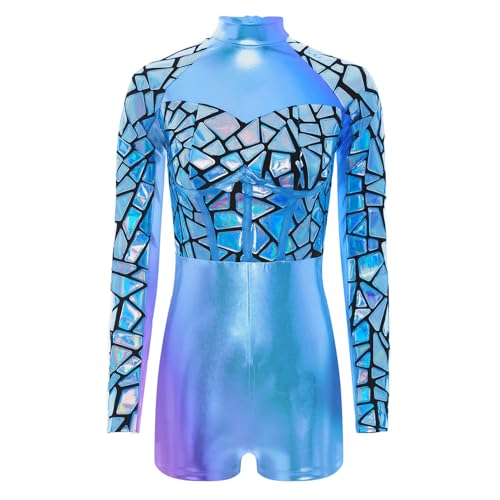 dPois Damen Metallic Raumfahrerin Kostüm Einteiler Bodysuit Langarm Overall Space Girl Outfit Halloween Karneval Kostüm Blau 4XL von dPois