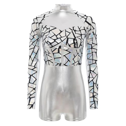 dPois Damen Metallic Raumfahrerin Kostüm Einteiler Bodysuit Langarm Overall Space Girl Outfit Halloween Karneval Kostüm Silber XXL von dPois
