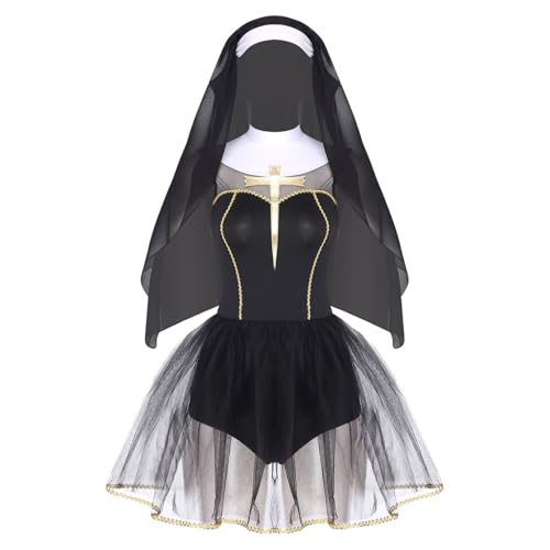 dPois Damen Nonne Kostüm Minikleid Kurz Tutu Kleid mit Schleier Nun Schwester Rollenspiel Kostüm Halloween Fasching Schwarz M von dPois