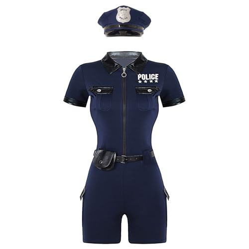 dPois Damen Polizei Kostüm Erwachsene Polizistin Uniform Rollenspiel Cosplay Outfits Kurzarm Overall Body mit Polizeihut Gürtel Börse Halloween Fasching Kostüm Navy blau 3XL von dPois