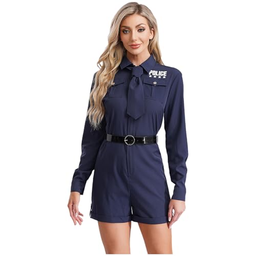 dPois Damen Polizei Polizstin Kostüm Langarm Overall Kurz Jumpsuit Shorty Hosenanzug mit Gürtel Krawatte Uniform Rollenspiel Kostüm Karneval Marineblau XXL dPois Damen Polizei Polizstin Kostüm Langarm Overall Kurz Jumpsuit Shorty Hosenanzug mit Gürtel Krawatte Uniform Rollenspiel Kostüm Karneval Marineblau XXL von dPois
