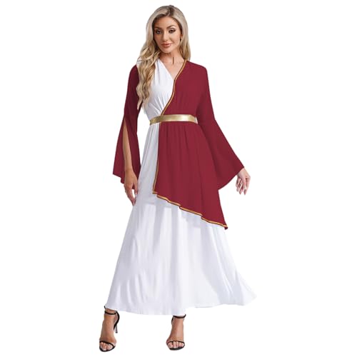 dPois Damen Römisches Kleid Göttin Toga Kostüm Langarm Maxikleid Verkleidung Halloween Fasching Mottoparty Kostüm Burgundy XXL von dPois