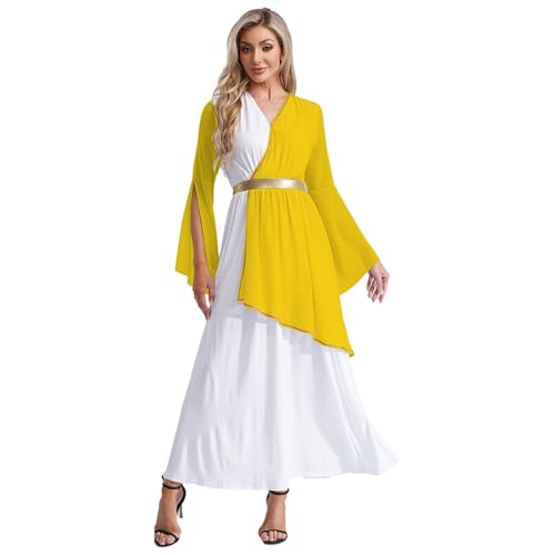 dPois Damen Römisches Kleid Göttin Toga Kostüm Langarm Maxikleid Verkleidung Halloween Fasching Mottoparty Kostüm Gelb 3XL von dPois