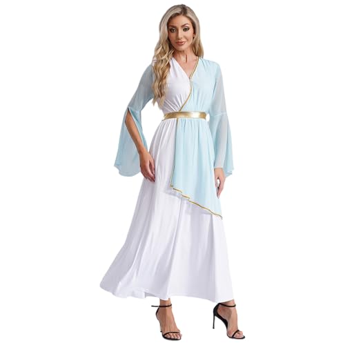 dPois Damen Römisches Kleid Göttin Toga Kostüm Langarm Maxikleid Verkleidung Halloween Fasching Mottoparty Kostüm Hellblau XXL von dPois